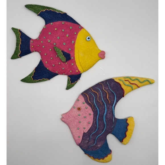 The Unbranded Brand Other - 2 Pc Vtg Neon Resin Fish Wall Hangings Decor Fun Retro Tropical Ocean Beach